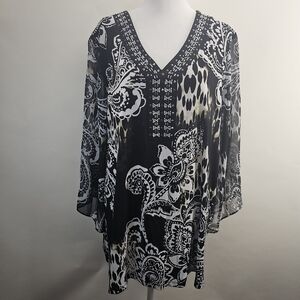JM Collection V-Neck 3/4 Sleeve Fleur De Lis Floral Embellished Tunic Blouse 2X